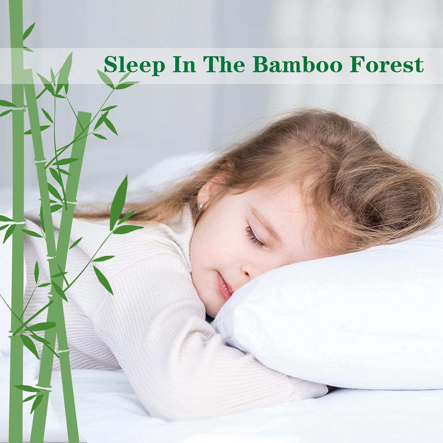 Child sleeping peacefully on white pillow with bamboo illustration and 'Sleep In The Bamboo Forest' text