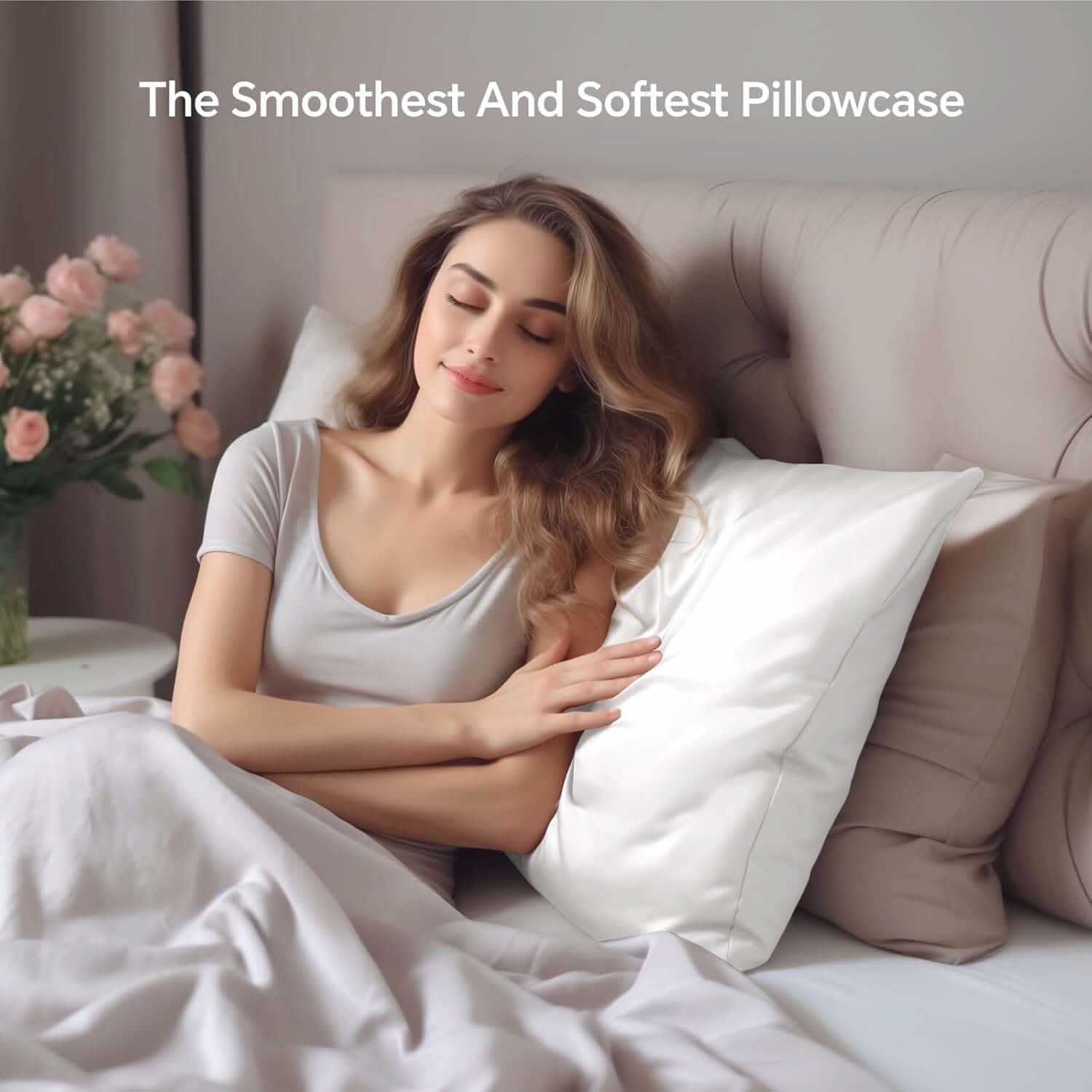 Woman relaxing in bed with a white silk pillowcase, emphasizing its soft and luxurious texture. The text overlay reads 'The Ultra-Sleek and Softest Pillowcase.