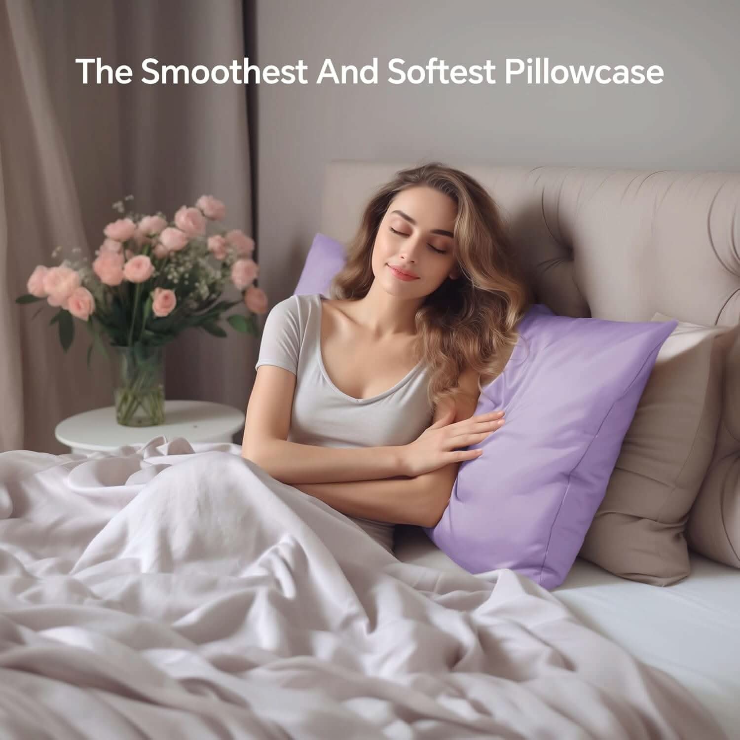 Woman relaxing in bed with a lavender silk pillowcase, emphasizing its soft and luxurious texture. The text overlay reads 'The Ultra-Sleek and Softest Pillowcase.