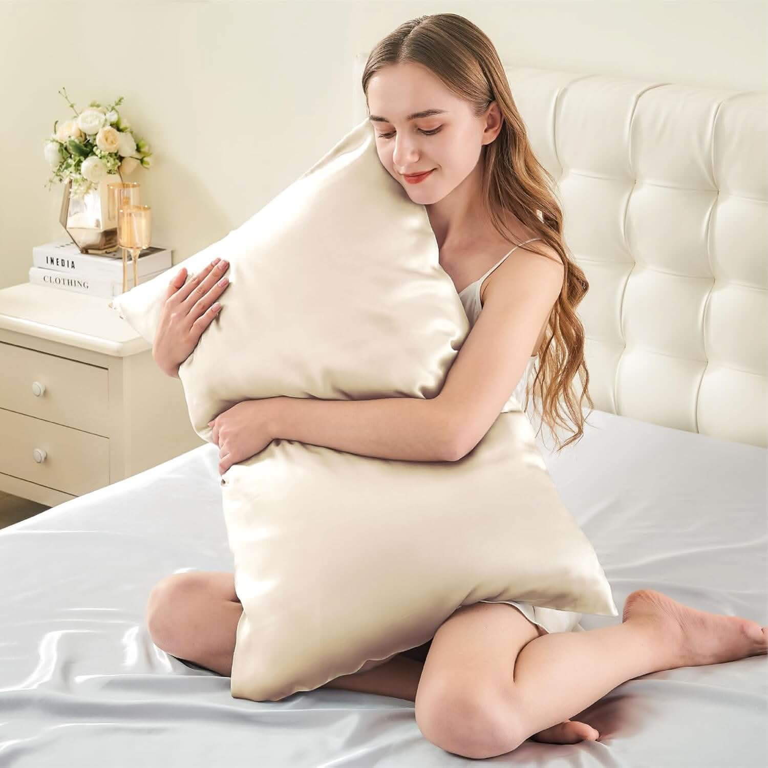Smiling woman sitting on a bed hugging a champagne-colored silk pillowcase, emphasizing its soft and luxurious feel.