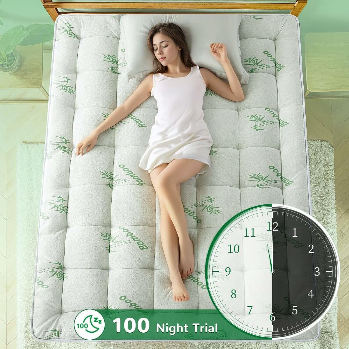 Woman lying comfortably on a white quilted mattress topper with green accents, highlighting its soft padding and breathability. A circular inset shows a close-up of the material's texture and airflow design