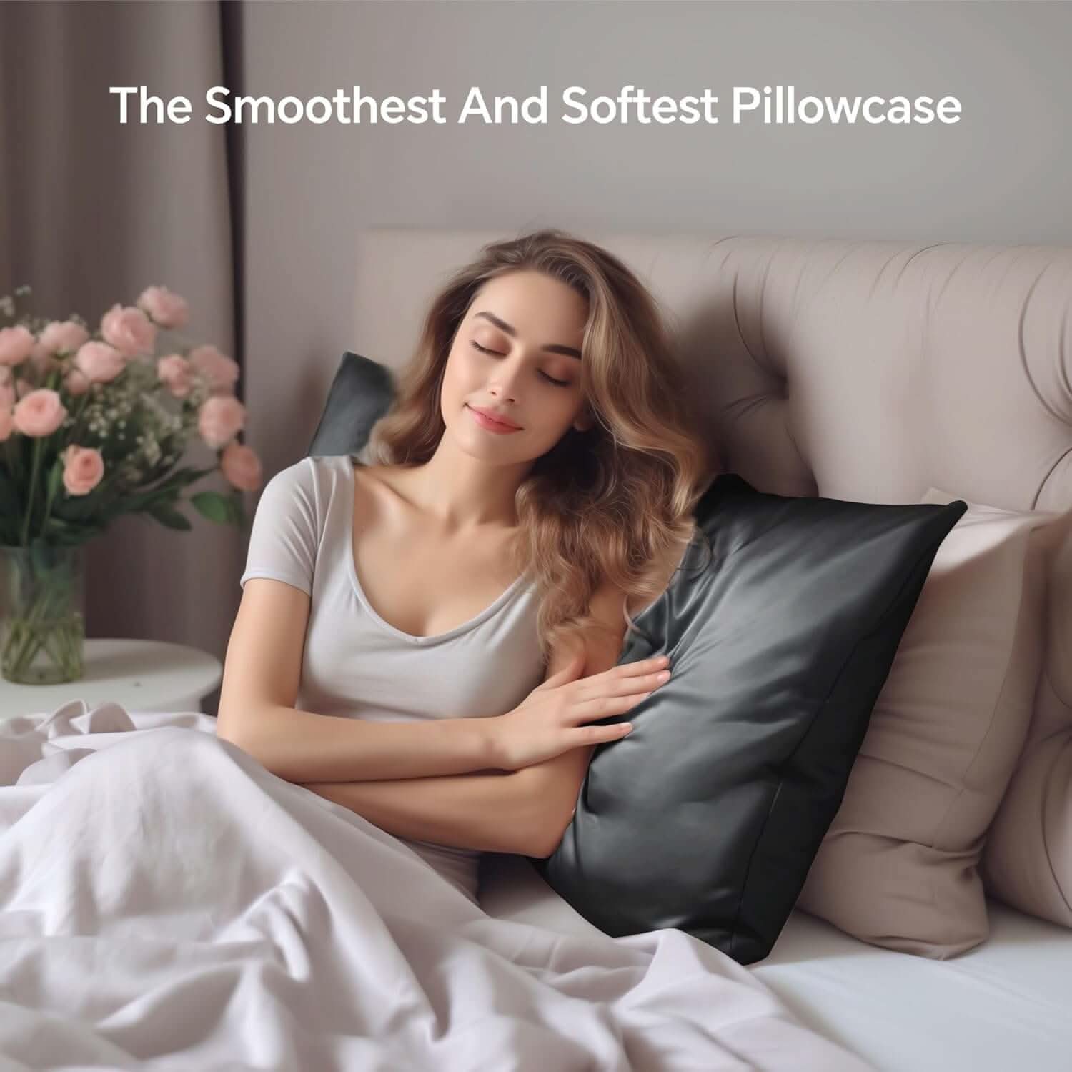 Woman lounging on a bed with a black silk pillowcase, highlighting its luxurious texture and comfort for a relaxing sleep experience