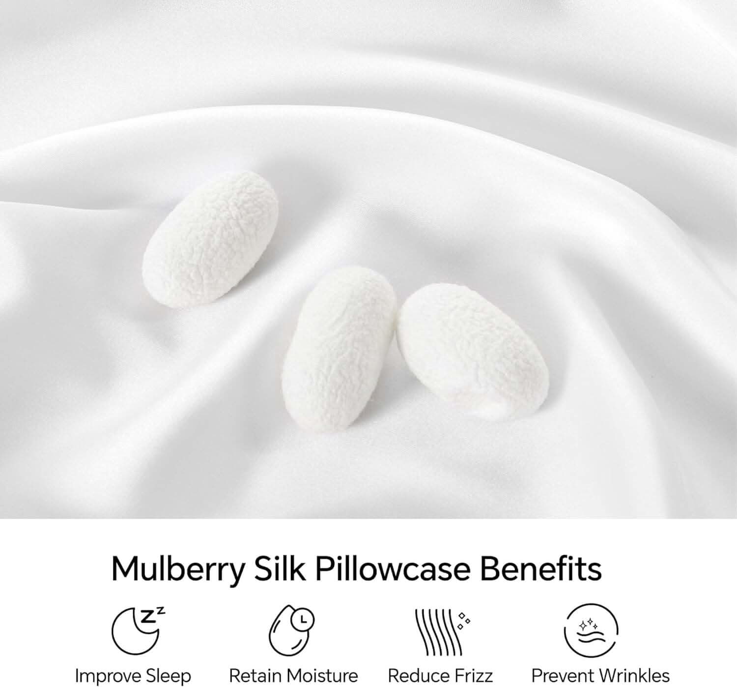 Close-up of a luxurious white silk pillowcase with smooth, flowing fabric. The text highlights its benefits, including softness, breathability, and skin-friendly properties