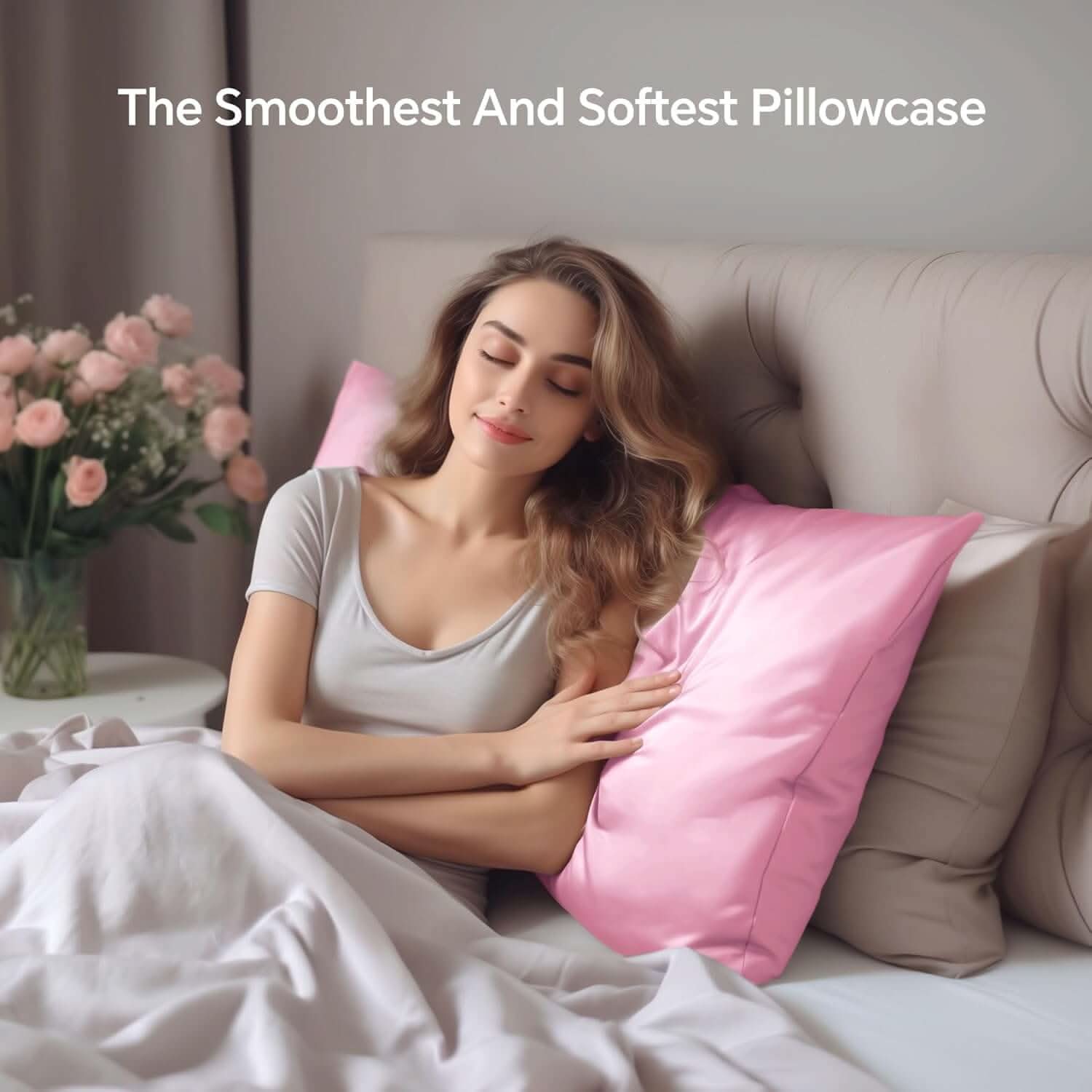 Woman relaxing in bed with a pink silk pillowcase, emphasizing its soft and luxurious texture. The text overlay reads 'The Ultra-Sleek and Softest Pillowcase