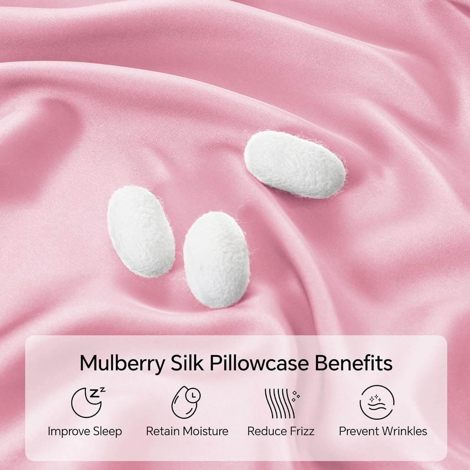 Close-up of a luxurious pink silk pillowcase with smooth, flowing fabric and silk cocoons, highlighting its natural and premium quality. The text showcases its benefits, including softness, breathability, and skin-friendly properties.