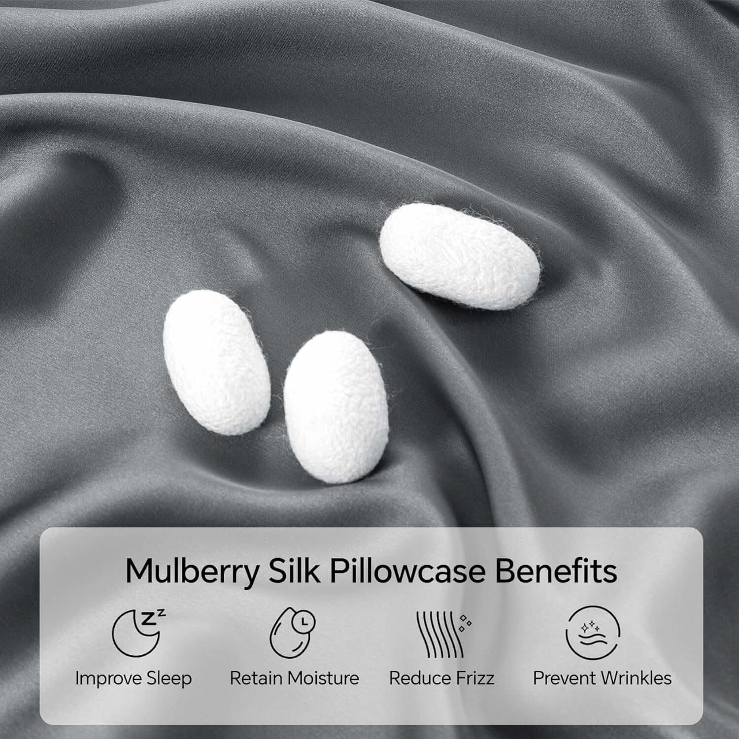 Close-up of a luxurious silver silk pillowcase with smooth, flowing fabric and silk cocoons, highlighting its natural and premium quality. The text showcases its benefits, including softness, breathability, and skin-friendly properties.