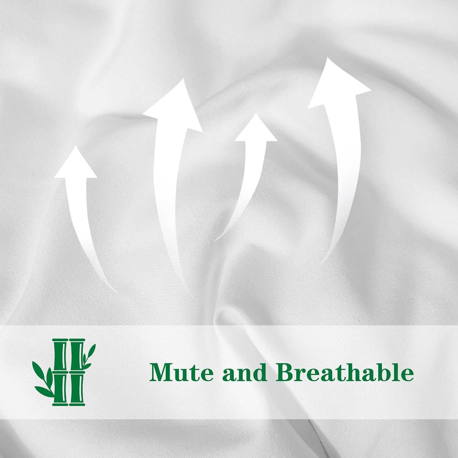 Soft, breathable fabric with white arrows indicating airflow and green text 'Mute and Breathable' with logo of the letter H and leaves.