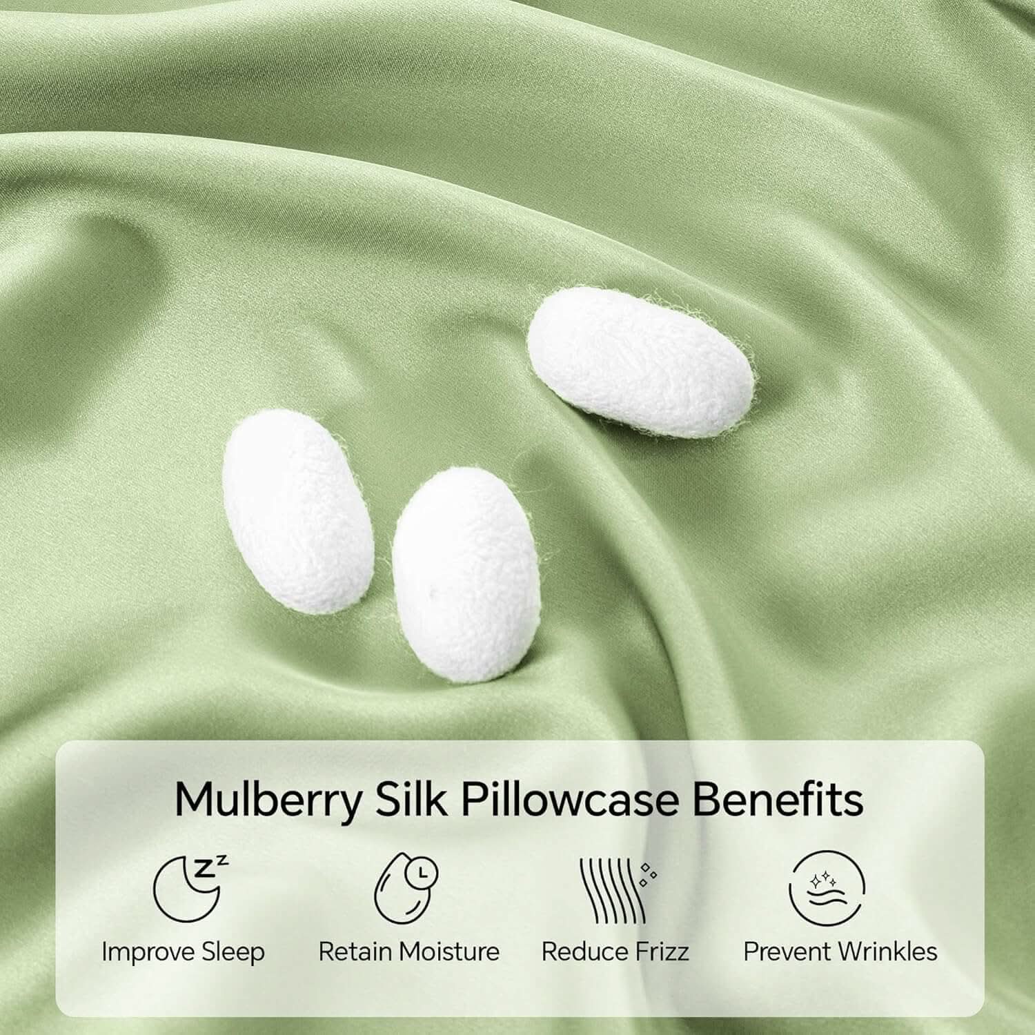 Close-up of a luxurious sage green silk pillowcase with smooth, flowing fabric and silk cocoons, highlighting its natural and premium quality. The text showcases its benefits, including softness, breathability, and skin-friendly properties