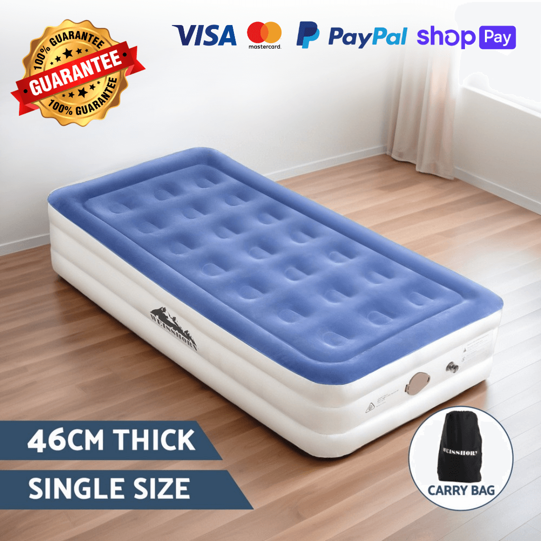 Comfortable single air mattress with built-in pump – Ideal for guests, travel, and camping.