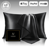 Luxurious black silk pillowcases displayed with a matching silk bedding set, highlighting their smooth texture, elegance, and skin-friendly benefits.