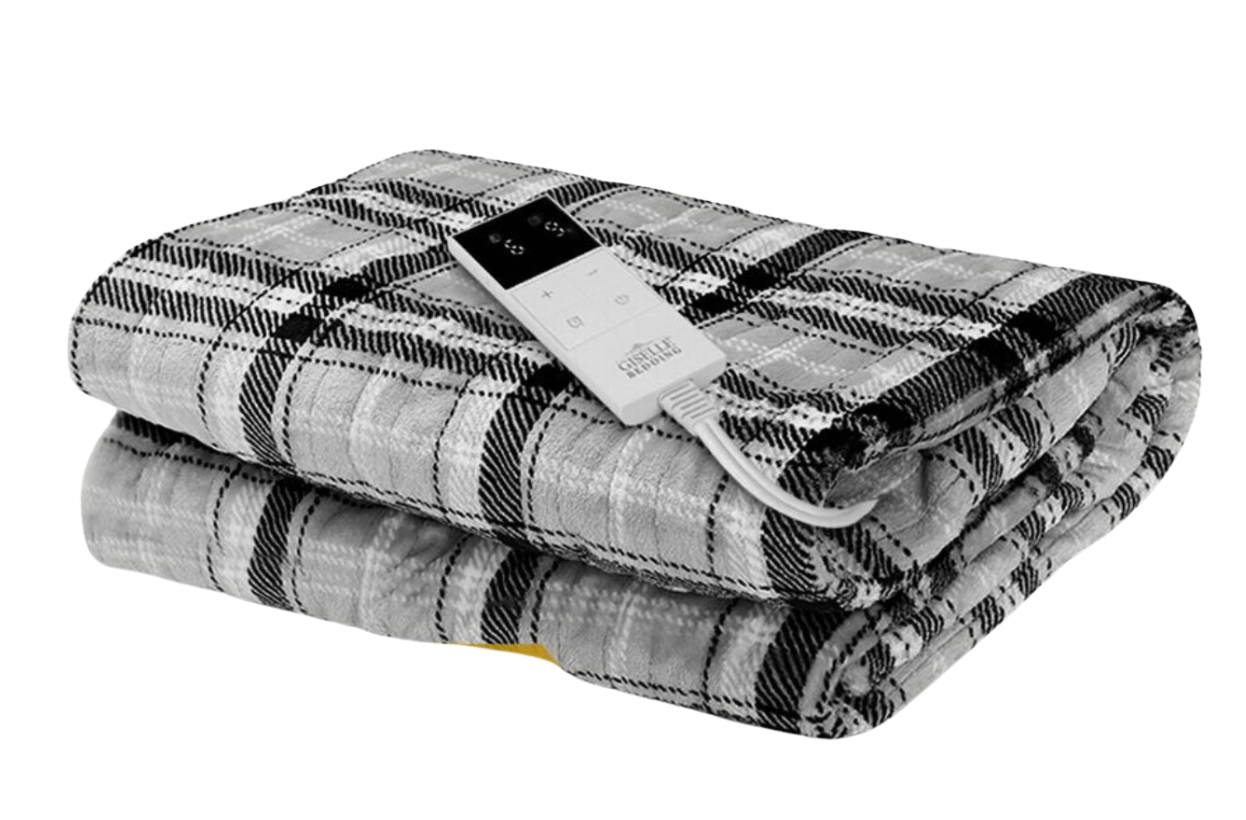 Folded electric heating blanket with plaid design and remote control for adjustable warmth.