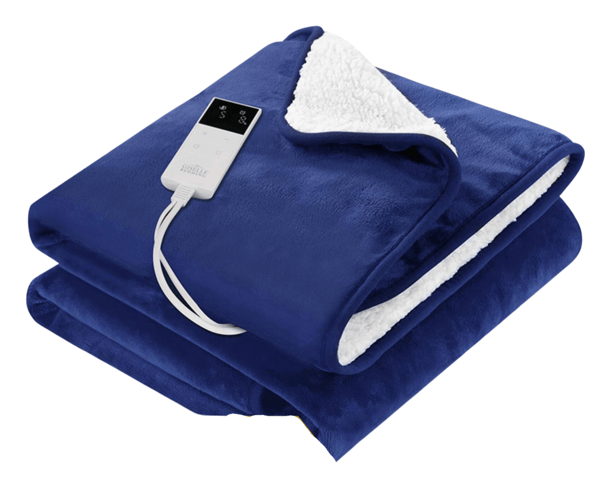Electric blue heated blanket with white fleece lining and digital control device