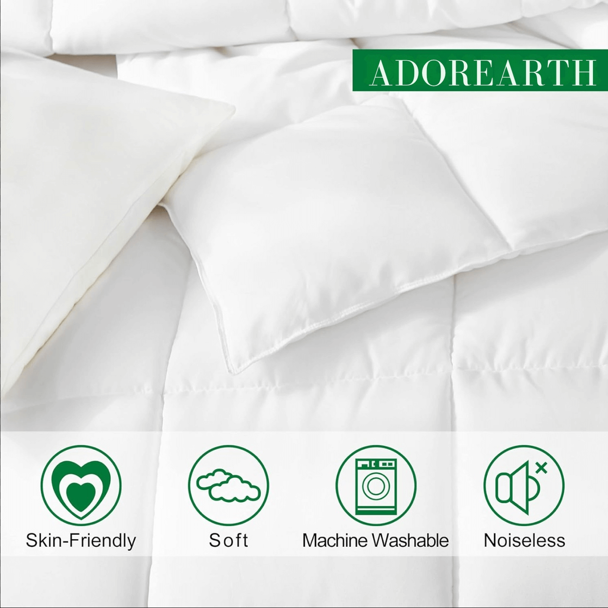 Soft and noiseless white comforter set by Adorearth, skin-friendly, and machine washable with icons indicating features