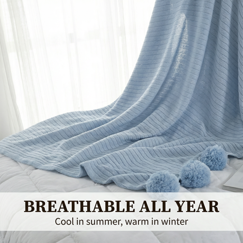 Cotton PomPom Knitted Throw Blanket - Cozy Texture, Stylish Home Décor