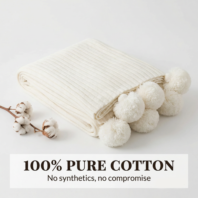 Cotton PomPom Knitted Throw Blanket - Cozy Texture, Stylish Home Décor
