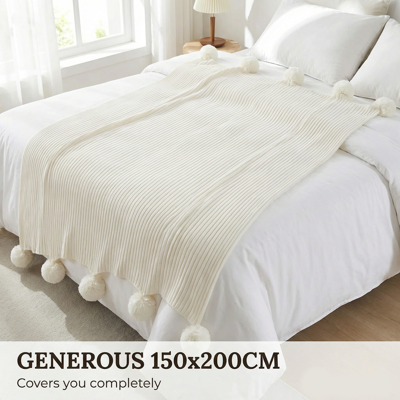 Cotton PomPom Knitted Throw Blanket - Cozy Texture, Stylish Home Décor