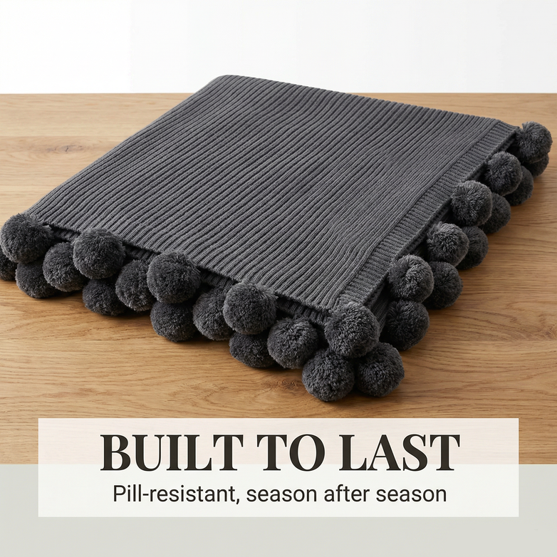 Cotton PomPom Knitted Throw Blanket - Cozy Texture, Stylish Home Décor