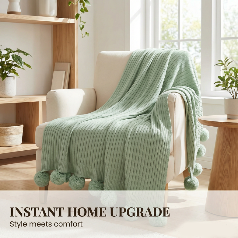 Cotton PomPom Knitted Throw Blanket - Cozy Texture, Stylish Home Décor