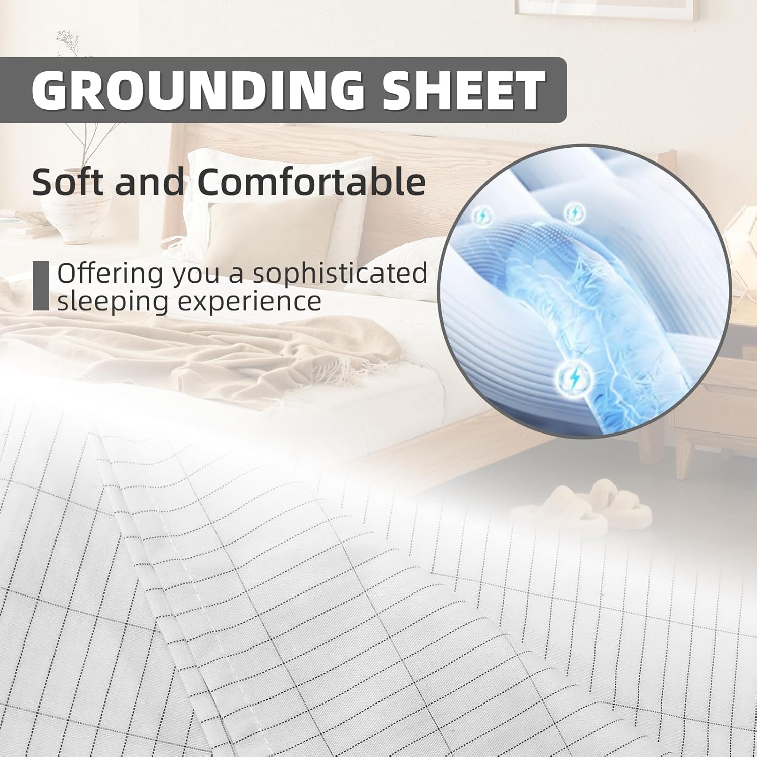 Different size options for grounding sheets, displayed on neatly made beds, designed to improve sleep quality and overall well-being