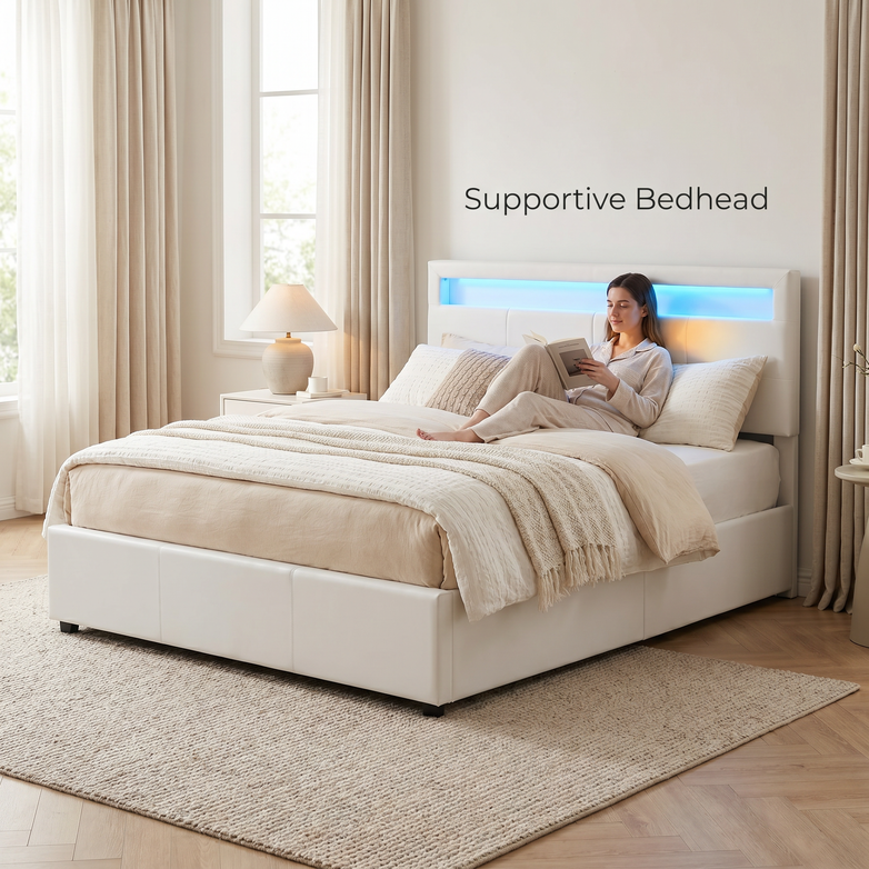 LED Gas Lift Bed - Clear Bedroom Clutter, Customise Ambience Lighting Fast
