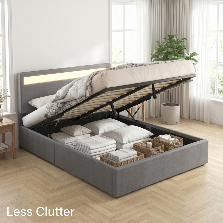 LED Gas Lift Bed - Clear Bedroom Clutter, Customise Ambience Lighting Fast
