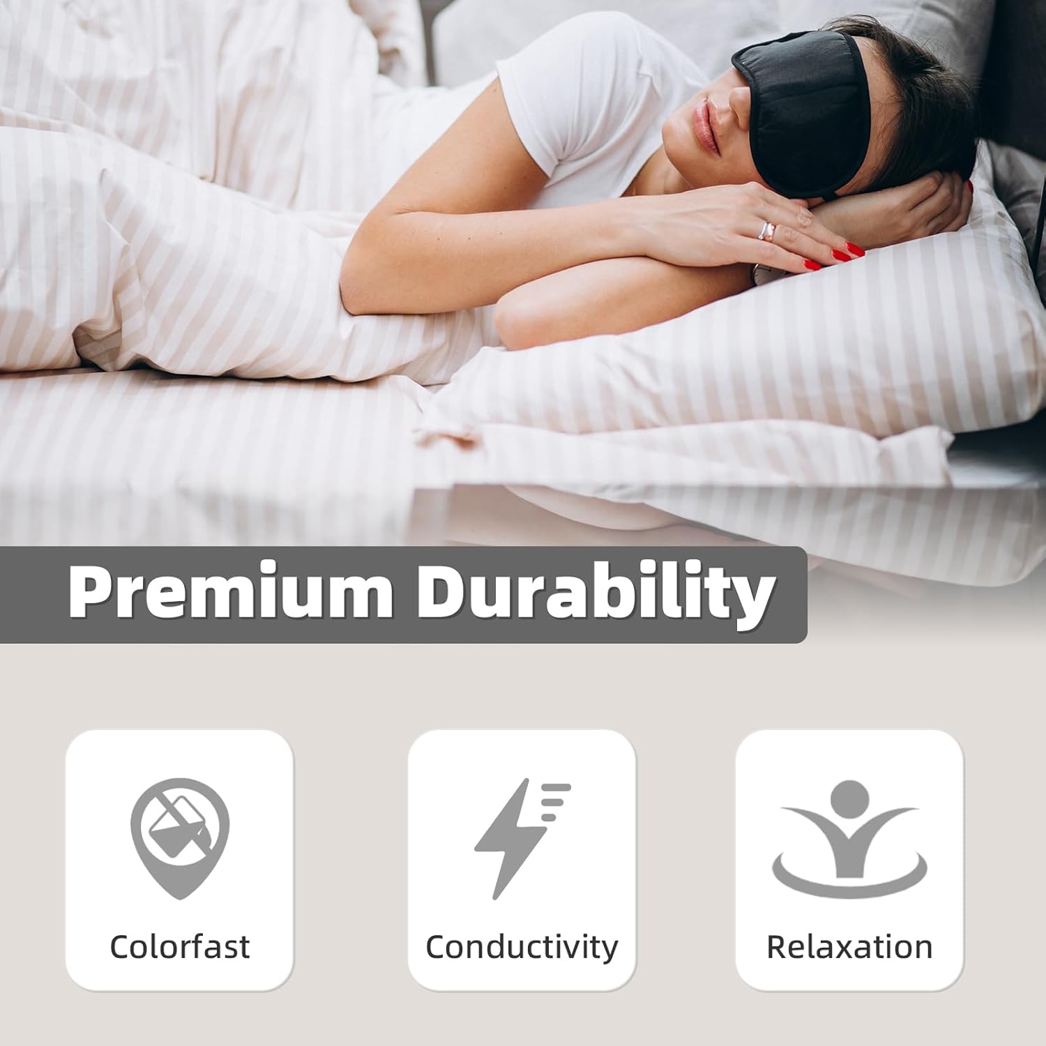 Person sleeping on a grounding sheet, highlighting its premium breathability, conductive fibers, and relaxation benefits for improved sleep quality