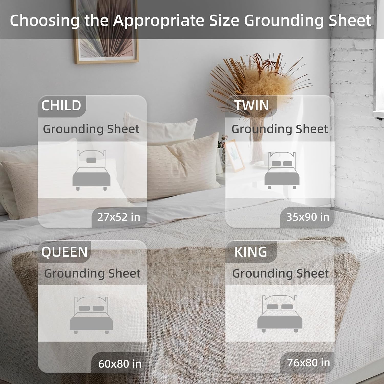 Different size options for grounding sheets, displayed on neatly made beds, designed to improve sleep quality and overall well-being