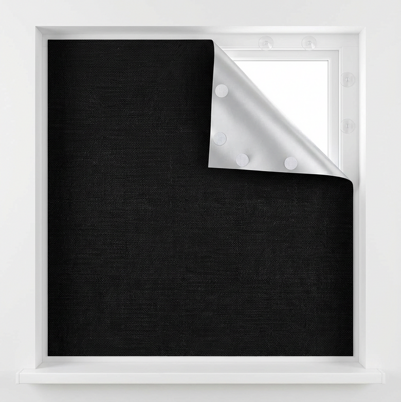 blackout blinds fabric close-up showing black layer and silver thermal coating blockout blinds