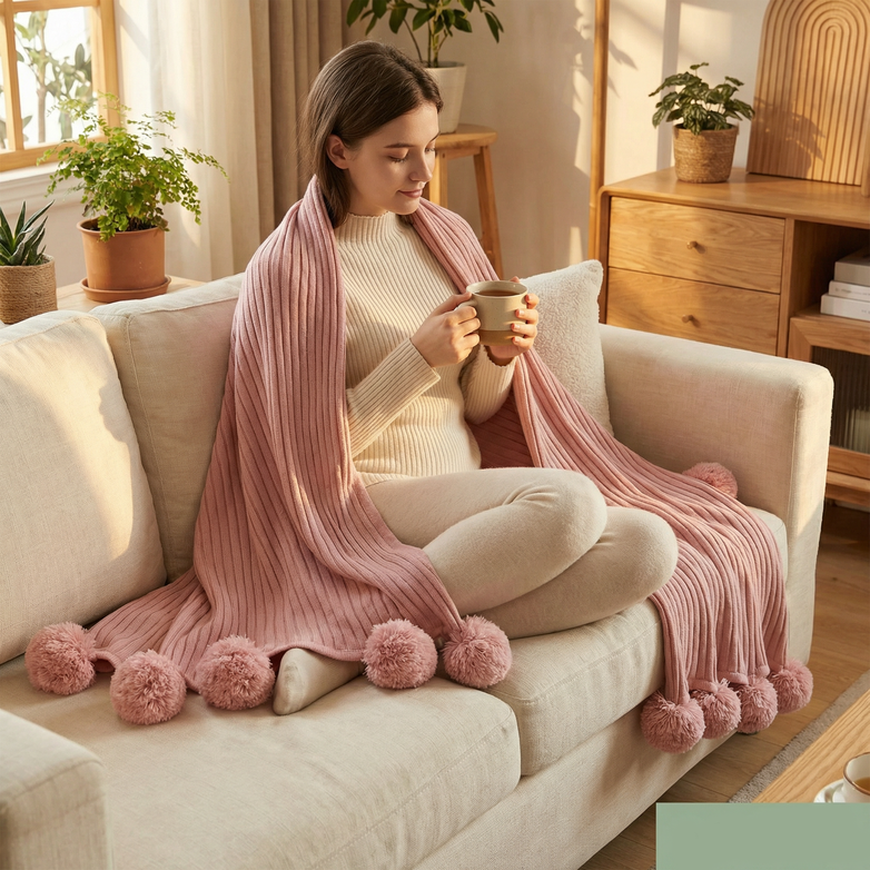 Cotton PomPom Knitted Throw Blanket - Cozy Texture, Stylish Home Décor