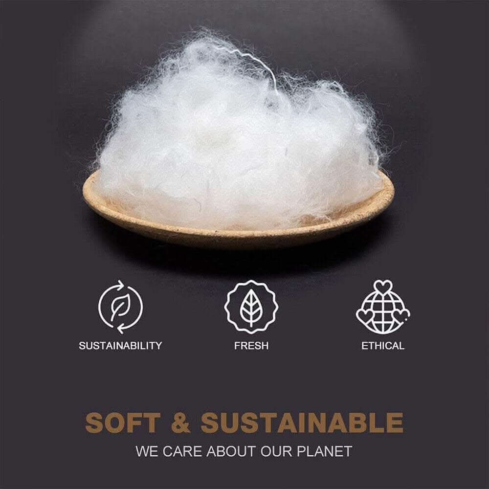 Bowl of soft and sustainable filling with sustainability, freshness, and ethical icons promoting eco-friendly values