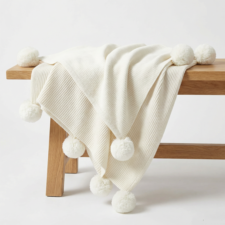 Cotton PomPom Knitted Throw Blanket - Cozy Texture, Stylish Home Décor