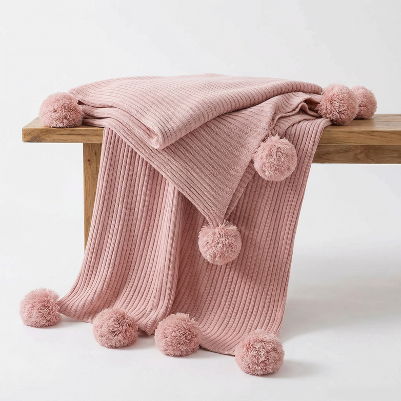 Cotton PomPom Knitted Throw Blanket - Cozy Texture, Stylish Home Décor