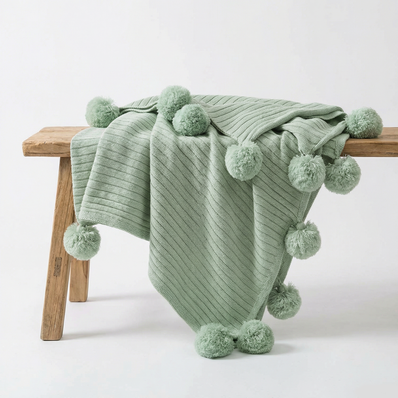 Cotton PomPom Knitted Throw Blanket - Cozy Texture, Stylish Home Décor